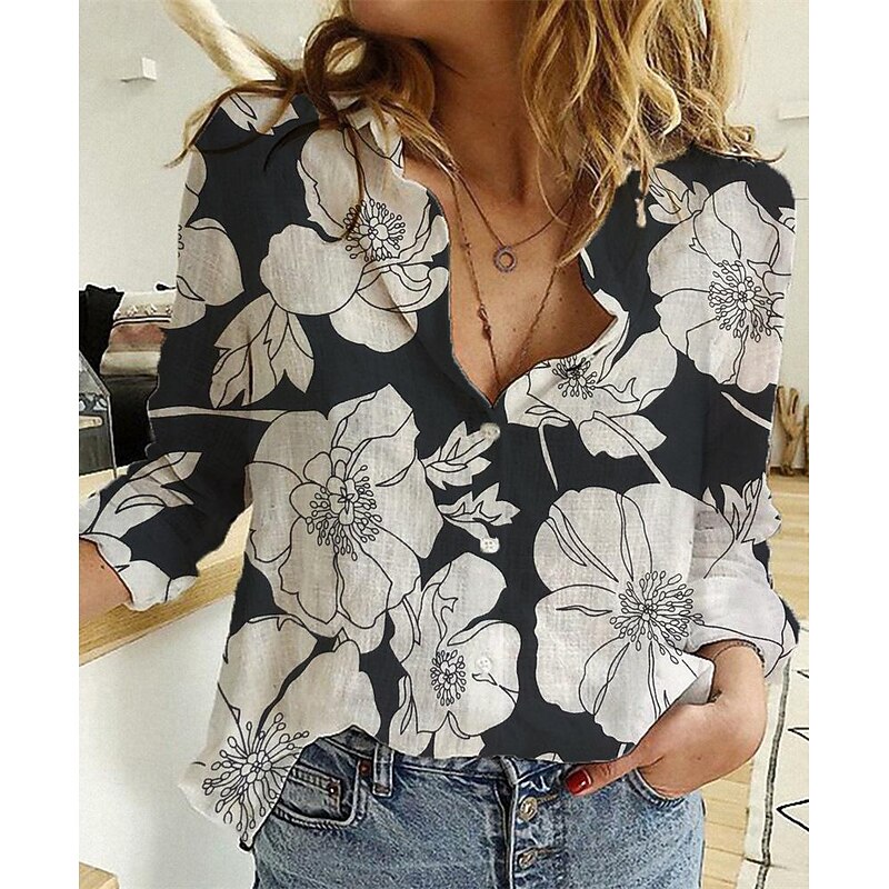 Women's Shirt Cotton Linen Shirts Button Up Blouse Floral Casual Long Sleeve Shirt Collar Regular Tops Vacation Daily Buttons Print Black Blue Green Spring & Summer4