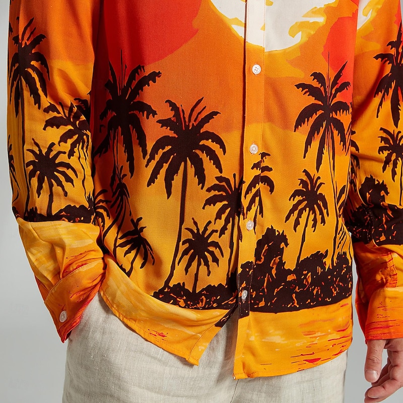 Men's Shirt Coconut Tree Hawaiian Resort  Button Up Shirt Printed Shirts Long Sleeve Daily Wear Vacation Beach Spring & Summer Lapel Print Orange Cotton4