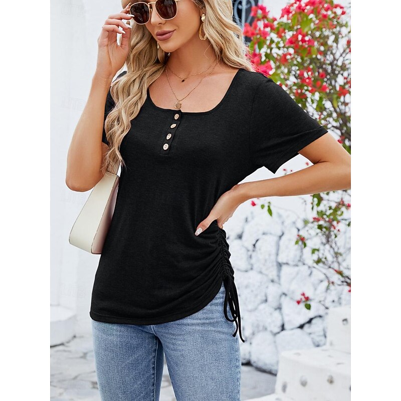 Women's Tunic Plain Fashion Short Sleeve Square Neck Regular Tops Vacation Daily Lace Black Pink Red Summer 7