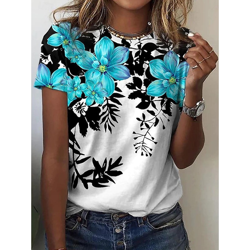 Women's T Shirt Floral Fashion Short Sleeve Round Neck Regular Tops Vacation Weekend Print Pink Blue Gray Light Blue Summer