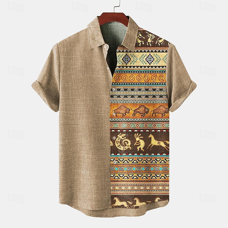 Men's Shirt Linen Shirt Retro Shirts Vintage Shirt Ethnic Shirt Tribal Daily Blue Green khaki Short Sleeve Turndown Summer Spring Clothing Apparel
