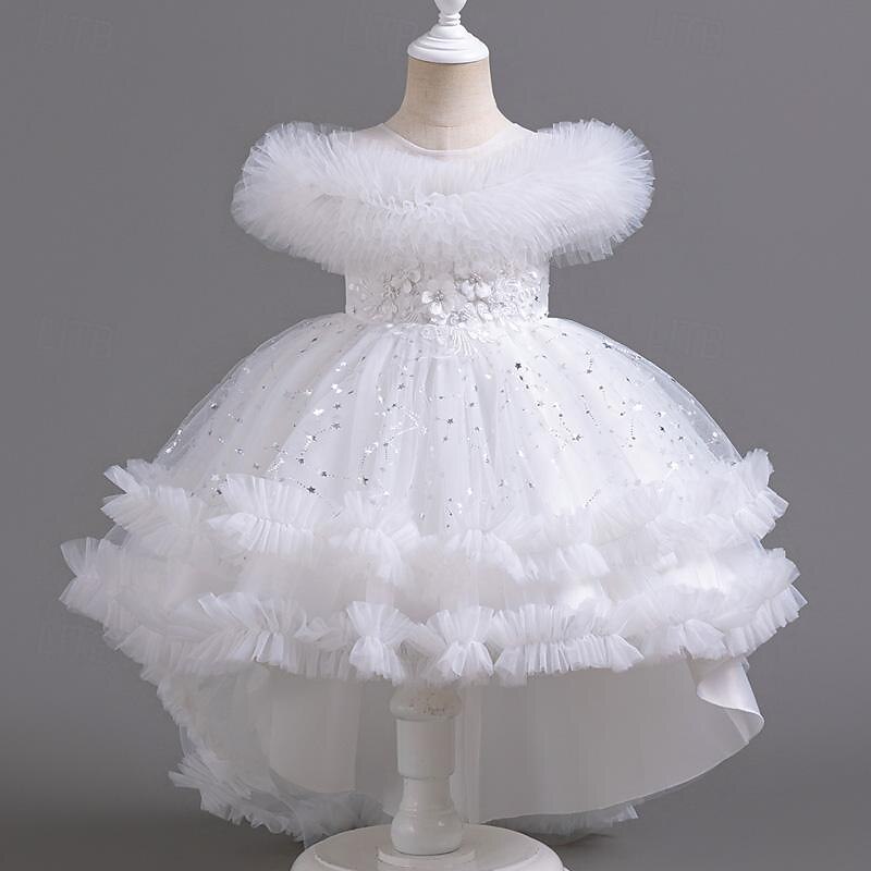 Kids Girls' Flower Girl Dress Party Dress Solid Color Floral Star Sleeveless Wedding Party Special Occasion Sequins Ruched Mesh Adorable Sweet Cotton Polyester Asymmetrical Party Dress Summer Spring