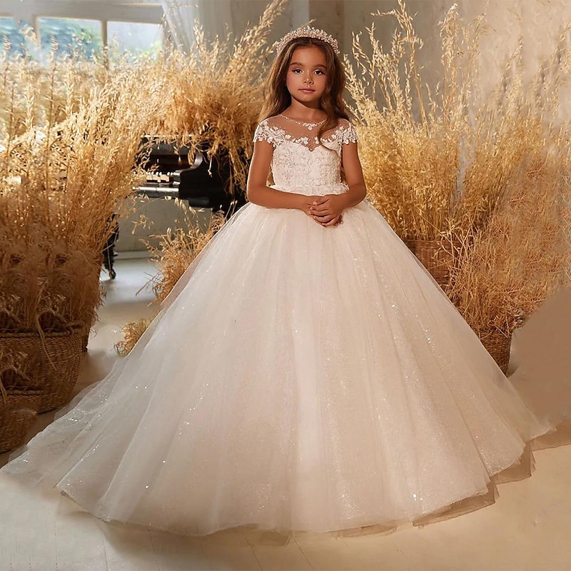 Kids Girls' Flower Girl Dress Party Dress Solid Color Short Sleeve Performance Wedding Party Mesh Princess Sweet Mesh Mid-Calf Sheath Dress Tulle Dress Summer Spring Fall 4-12 Years White4