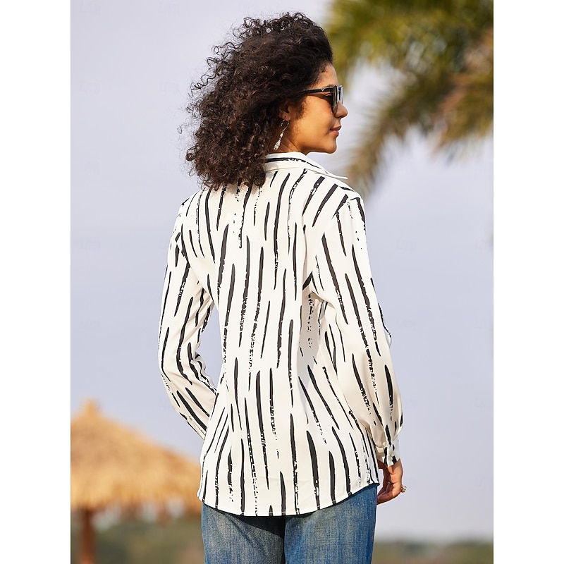 Women's Shirt Long Sleeve Button Down Blouse Basic Striped Buttons Print Regular Tops Shirt Collar Casual Black White Spring Fall4