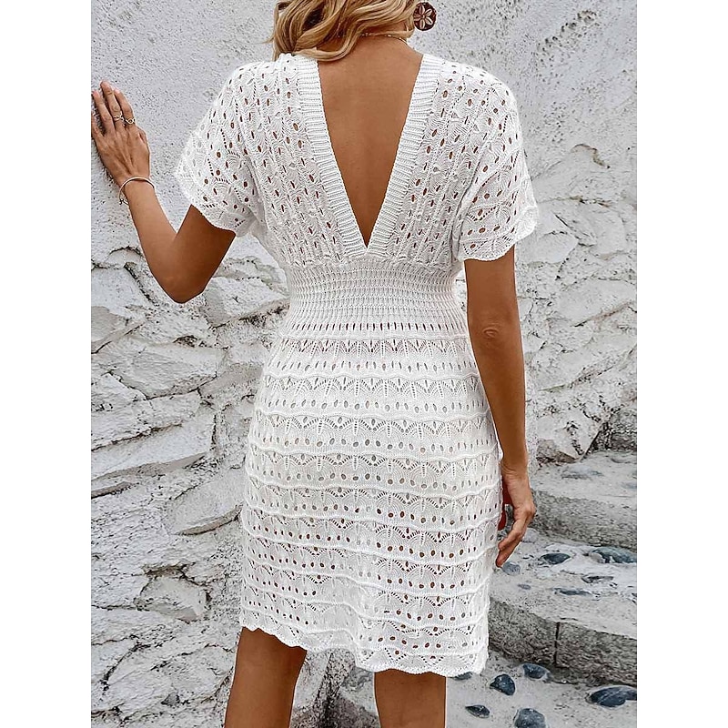 Women's White Dress Mini Dress Backless Cut Out Vacation Beach Sexy Casual V Neck Short Sleeve Black White Blue Color2