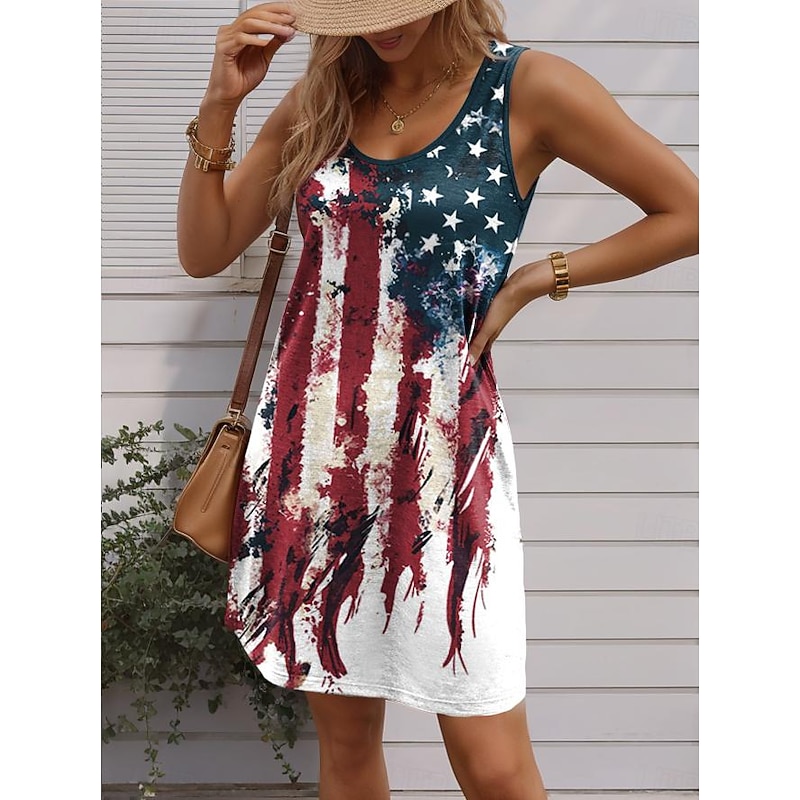 Women's Patriotic  Dress Mini Dress Petite Dress Sundress Tank Dress Summer Dress Casual Vacation Holiday Beach Regular Fit Flag Sleeveless Crew Neck White