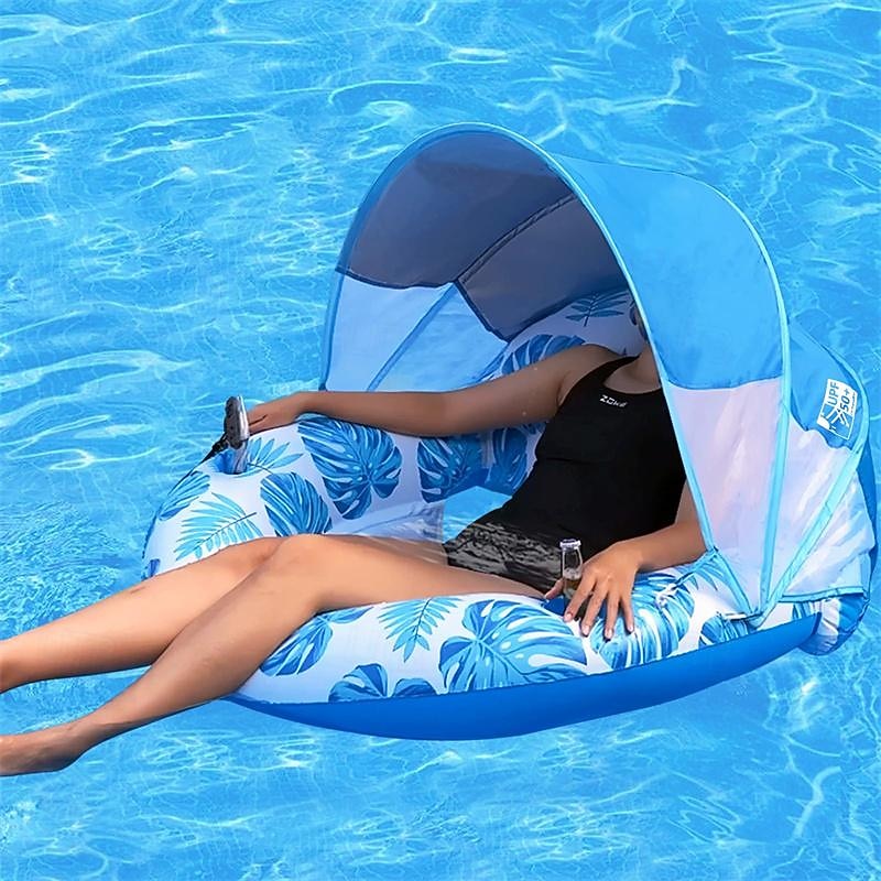 New Upgraded Pool Chair Float with Shade Pool Floats for Adults Heavy DutyInflatable Pool Chair Lounge Float with Cup Holder & Backrest for Pool Lake Beach2