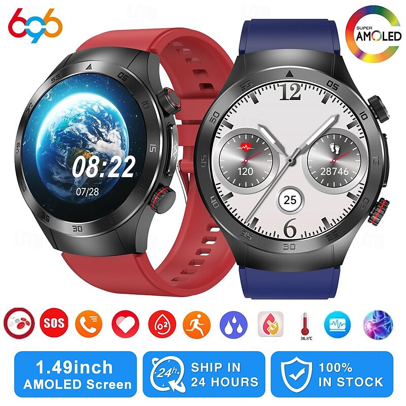 696 E800 Smart Watch 1.49 inch Smart Band Fitness Bracelet Bluetooth ECG+PPG Temperature Monitoring Pedometer Compatible with Android iOS Men Hands-Free Calls Message Reminder IP 67 46mm Watch Case