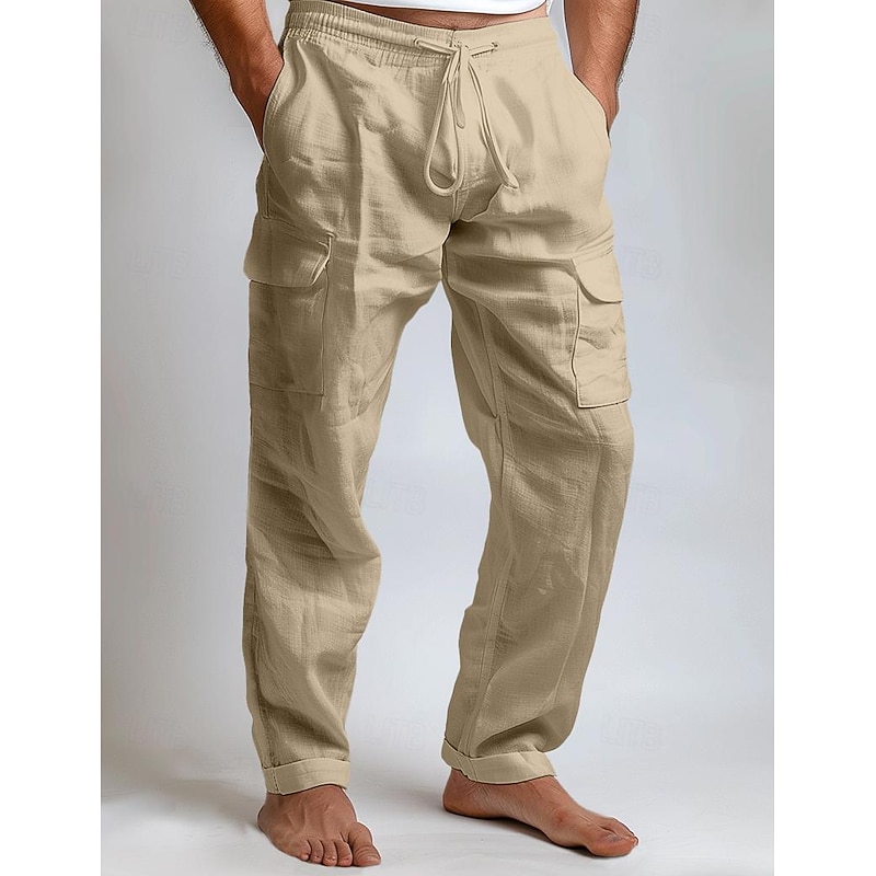 Men's Cargo Pants Trousers Summer Pants Beach Pants Drawstring Elastic Waist Multi Pocket Plain Comfort Breathable Full Length Outdoor Daily Going out Fashion Casual Black White Inelastic4