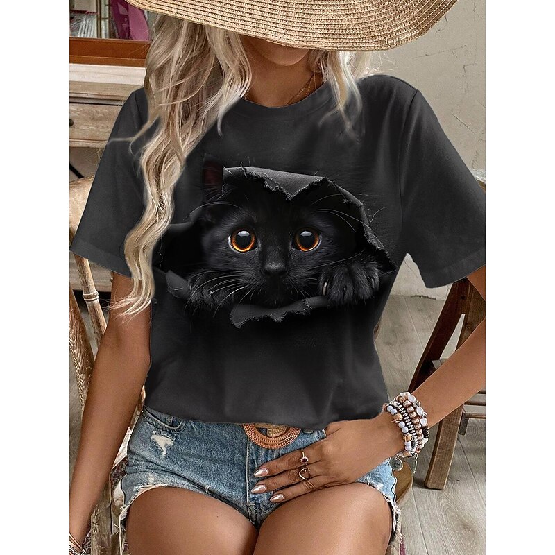 Women's T Shirt Fashion Cat Print Short Sleeve Regular Tops Round Neck Daily Weekend Black Summer 3D cat2