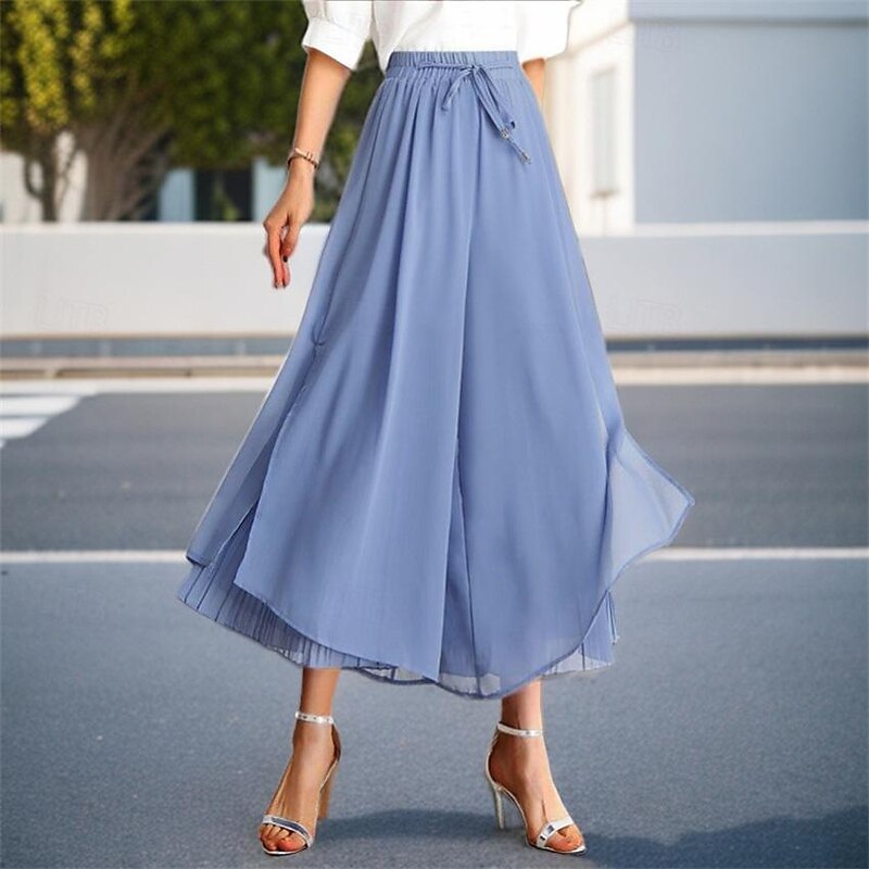 Women's Normal Wide Leg Swing Skort Elegant Casual Daily Ankle-Length High Waist Solid Colored Pleated Patchwork Elastic Waist Comfortable Micro-elastic Daily Wear Casual Daily Black White Blue