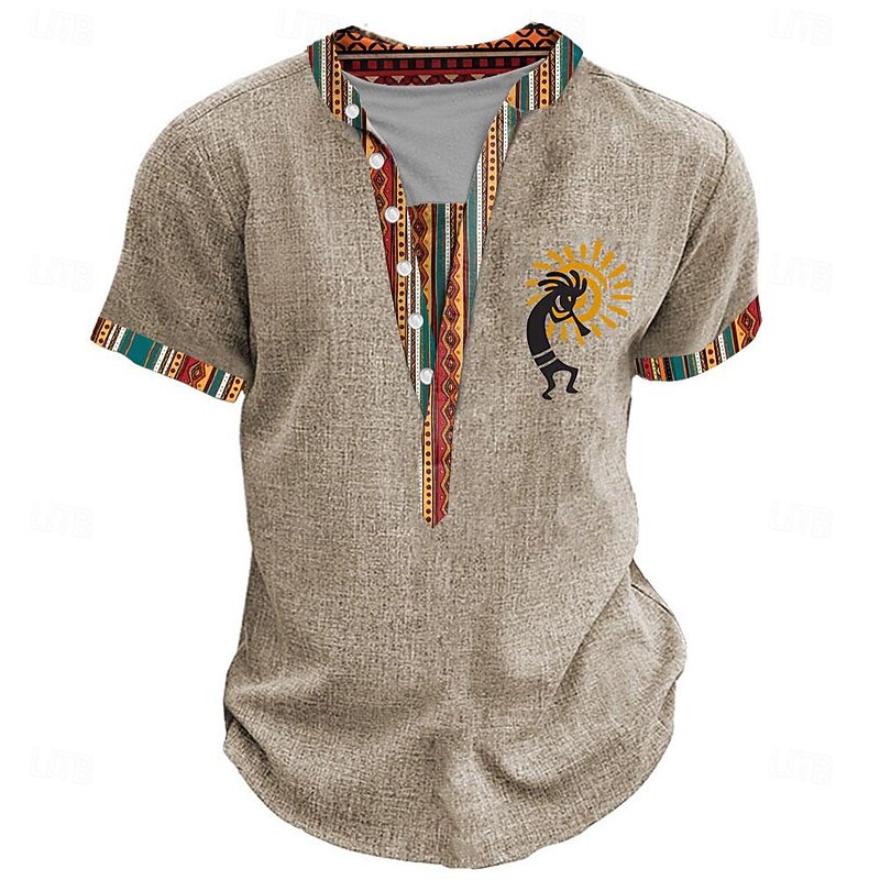 Kokopelli Spiral Design Tribal Bandana Print Designer Ethnic Men's 3D Print Tee Henley Shirt Casual Daily Holiday T shirt Green Khaki Short Sleeve Henley Shirt Summer Spring Clothing Apparel S-3XL4