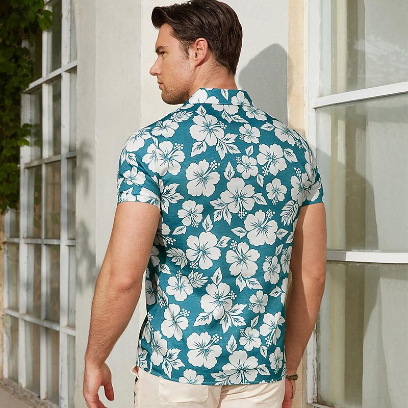 Men's Linen Shirt Summer Shirt Casual Shirt Beach Shirt Summer Hawaiian Shirt Flower / Plants Vacation Hawaiian Blue Short Sleeve Lapel Spring & Summer Clothing Apparel Print2