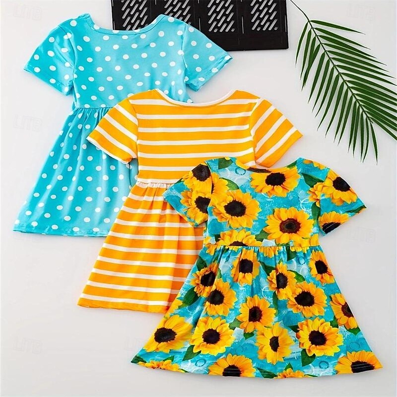 3pcs Girls Charming Short Sleeve Dress Set - Adorable Striped & Polka Dot Print with Sunflower Accent - Lightweight Summer Wear for Parties and Gifts2