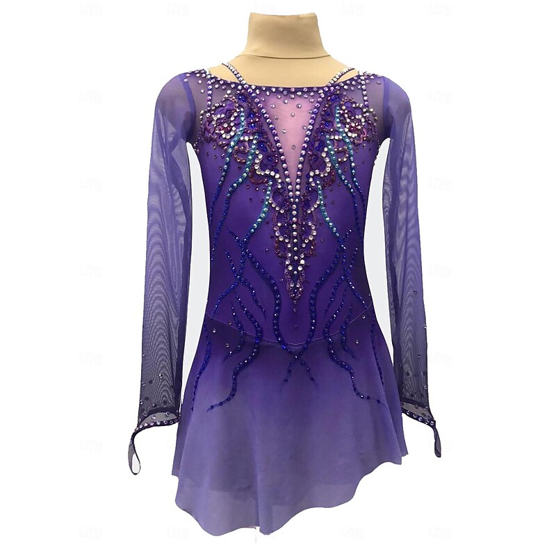 Figure Skating Dress Women's Girls' Ice Skating Dress Violet Patchwork Thumbhole Mesh Spandex Stretchy Training Practice Professional Skating Wear Crystal / Rhinestone Long Sleeve Ice Skating Figure