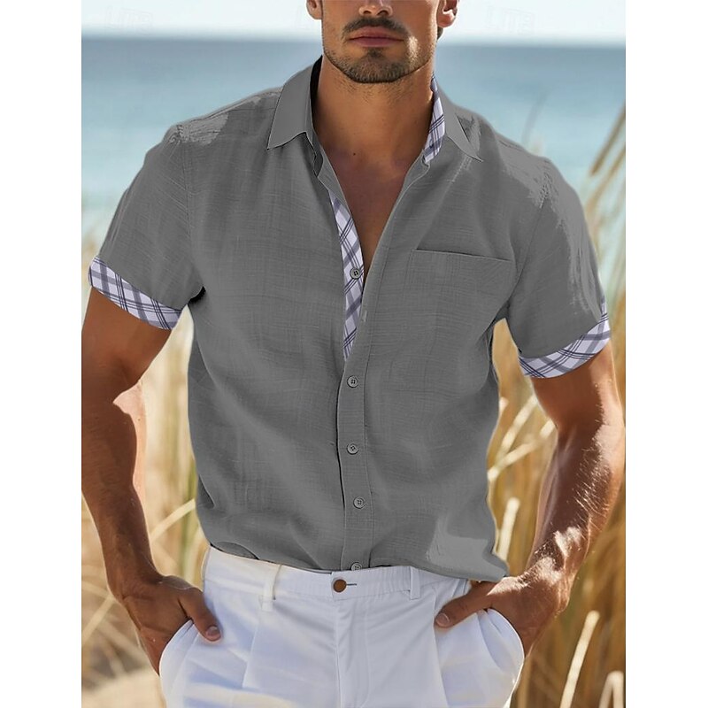 Men's Shirt Linen Shirt Summer Shirt Beach Wear Button Up Shirt Plain Vacation Curise White Blue Blue Khaki Short Sleeve Collar Summer Spring Clothing Apparel3
