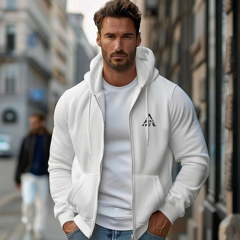 Men's Zip Up Hoodies Black White Hooded Graphic Geometric Sportswear Graphic Casual Clothing Apparel Hoodies Sweatshirts  Long Sleeve Loose Fit