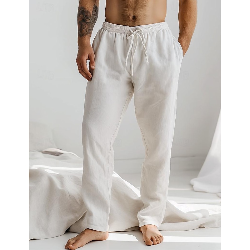 Men's Linen Pants Trousers Summer Pants Drawstring Elastic Waist Plain Comfort Soft Full Length Daily Beach Fashion Simple White Blue Micro-elastic