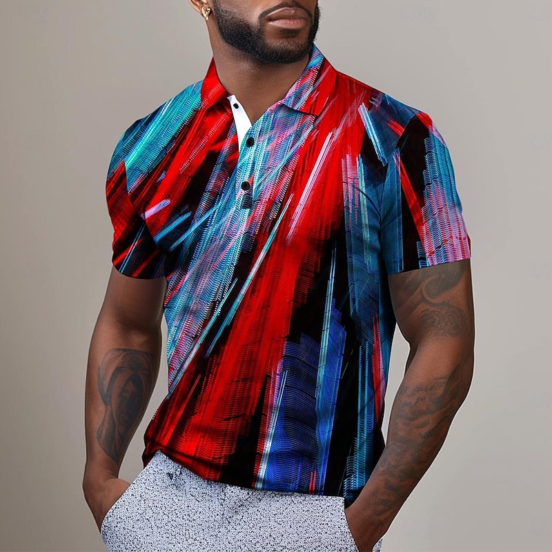 Men's Geometric Polo Shirts Golf Shirt Short Sleeve Polo Shirts Collared Shirts Business Casual Vacation Wear Formal Wear Festival Wear Buttons 3D Print Spring & Summer Red
