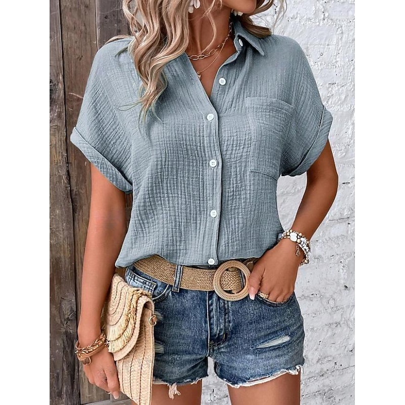 Women's Blouse V-Neck Button-Up Textured Pattern Casual Short Sleeve Summer Top Faded Blue Regular Fit Lightweight Breathable2
