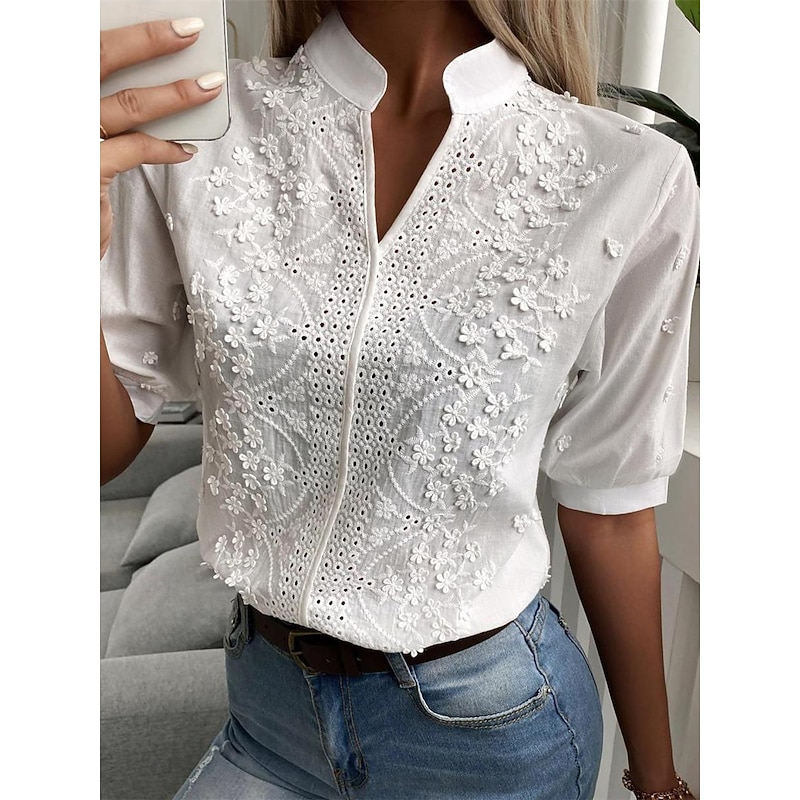 Shirt Lace Shirt Blouse Dressy Tops Women's White Plain Eyelet Lace Street Daily Basic Modern V Neck Regular Fit S2