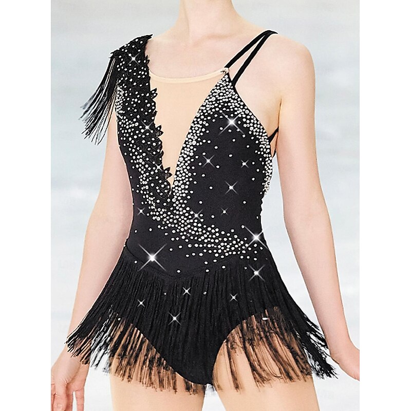 Figure Skating Dress Women's Girls' Ice Skating Dress Black Patchwork Tassel Mesh Spandex Stretchy Training Practice Professional Skating Wear Crystal / Rhinestone Ice Skating Figure Skating3