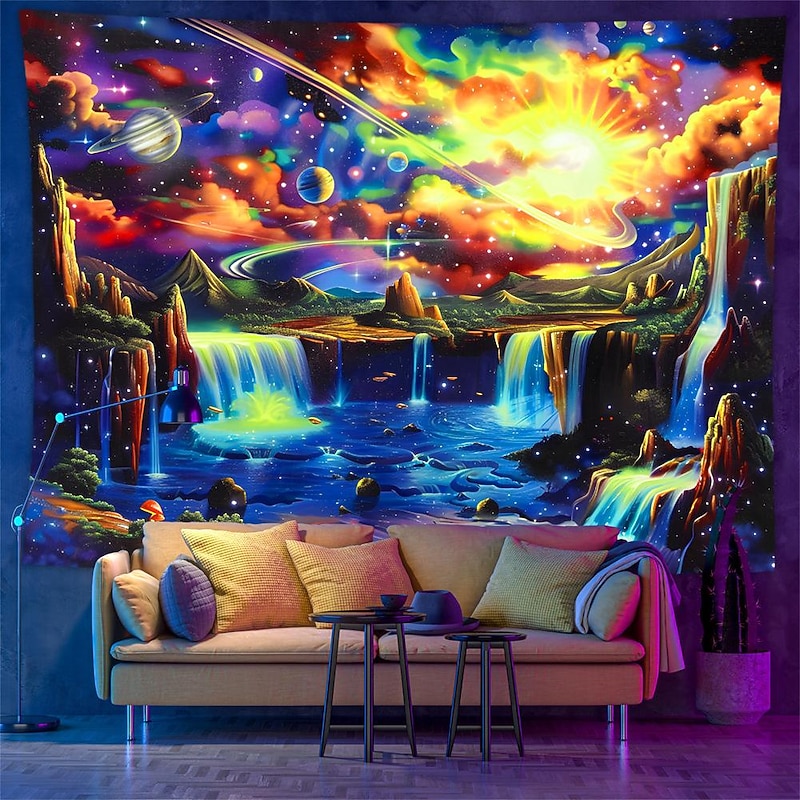 Blacklight Tapestry UV Reactive Glow in the Dark Glow Party Neon Galaxy Universe Mushrooms Psychedelic Trippy Misty Hanging Tapestry Wall Art Mural for Living 9