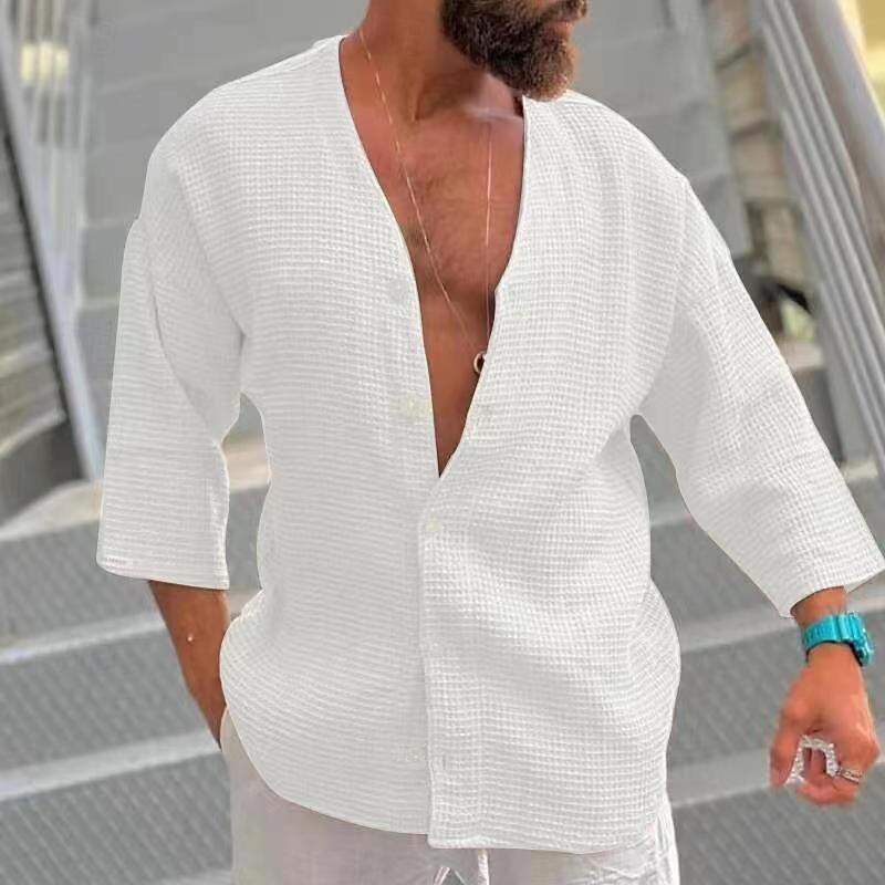 Men's Shirt Summer Shirt Button Up Shirt Casual Shirt Beach Shirt Black White Light Grey Beige 3/4 Length Sleeve Plain V Neck Hawaiian Holiday Clothing Apparel Fashion Casual Comfortable4