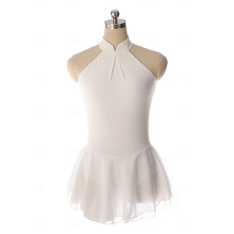 Figure Skating Dress Women's Girls' Ice Skating Dress White Patchwork Thumbhole Mesh Spandex Stretchy Training Practice Professional Skating Wear Thermal Warm Crystal / Rhinestone Sleeveless Ice