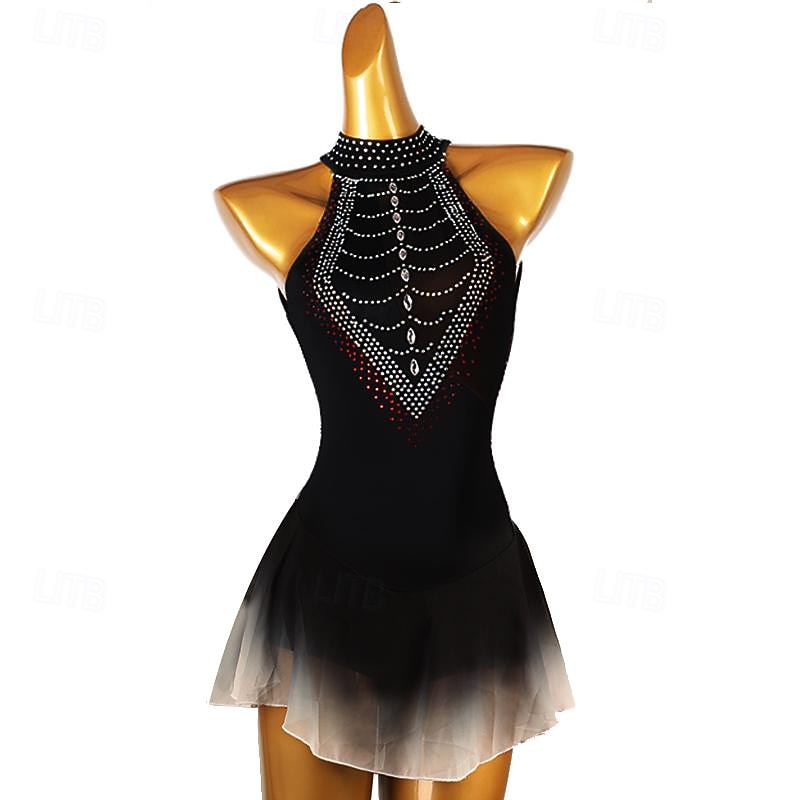 Figure Skating Dress Women's Girls' Ice Skating Dress Black Patchwork Open Back Mesh Spandex High Elasticity Training Practice Professional Skating Wear Classic Crystal / Rhinestone Sleeveless Ice