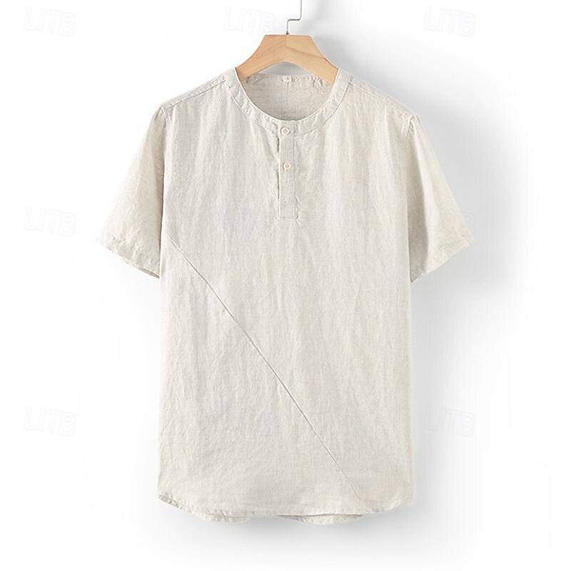 Men's Shirt White Cotton Shirt Casual Shirt Cotton Linen Shirt Plain Vacation Street White Beige Short Sleeve Crew Neck Summer Clothing Apparel Button-Down3