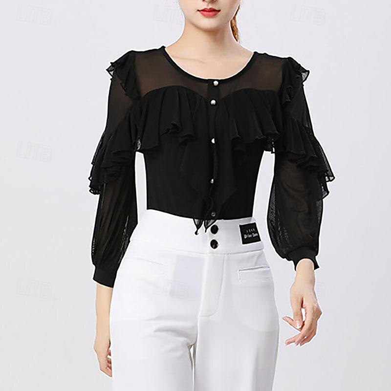 Latin Dance Ballroom Dance Top Ruffles Pure Color Splicing Women's Performance Training Long Sleeve High Spandex3