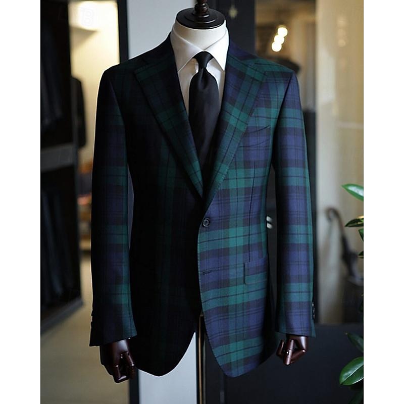 Men's Blazer Jacket Sport Coat Notch Collar Fashion Office Checkered Green Tailored Fit Single Breasted Two-buttons2