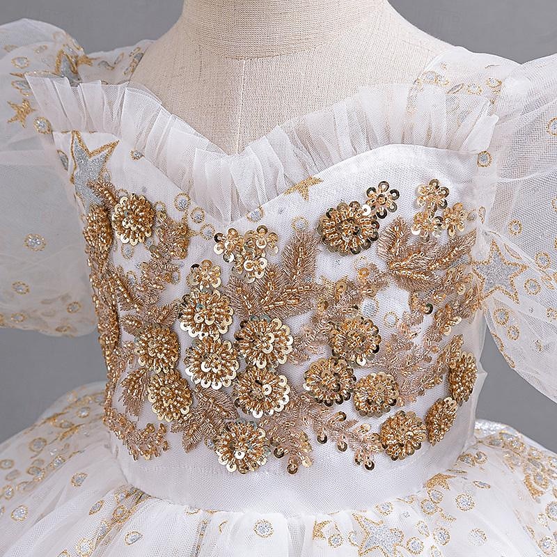 Kids Girls' Flower Girl Dress Party Dress Floral Sequin Short Sleeve Wedding Party Special Occasion Sequins Zipper Puff Sleeve Adorable Sweet Cotton Polyester Knee-length Party Dress Summer Spring3