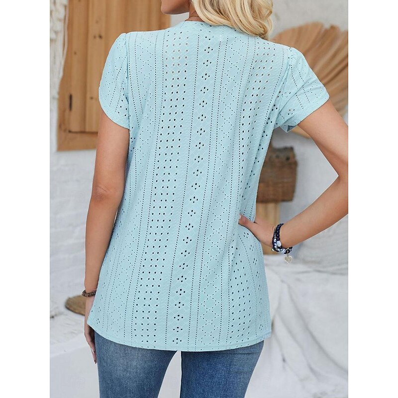 Women's Elegant Lace Tops Eyelet Blouse Daily Stylish Plain Regular Tops Short Sleeve V Neck Lace Buttons Regular Fit Vacation Daily Romantic Petite Tops Summer Holiday Wear Sage Green White Pink Blue