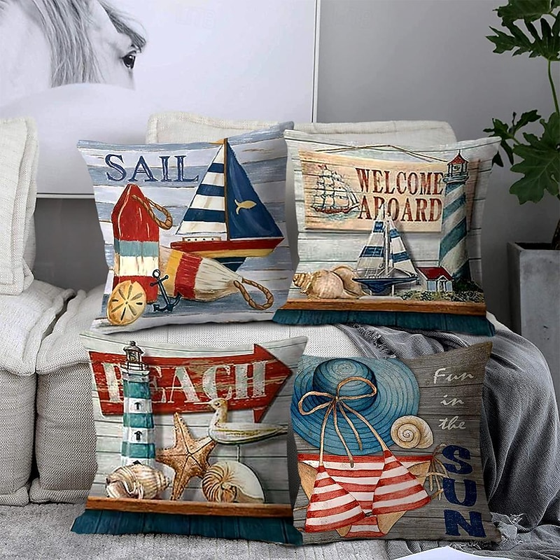 Decorative Toss Pillows Cover 4PC Soft Square Cushion Case Pillowcase for Bedroom Livingroom Sofa Couch Chair Ocean Archor4