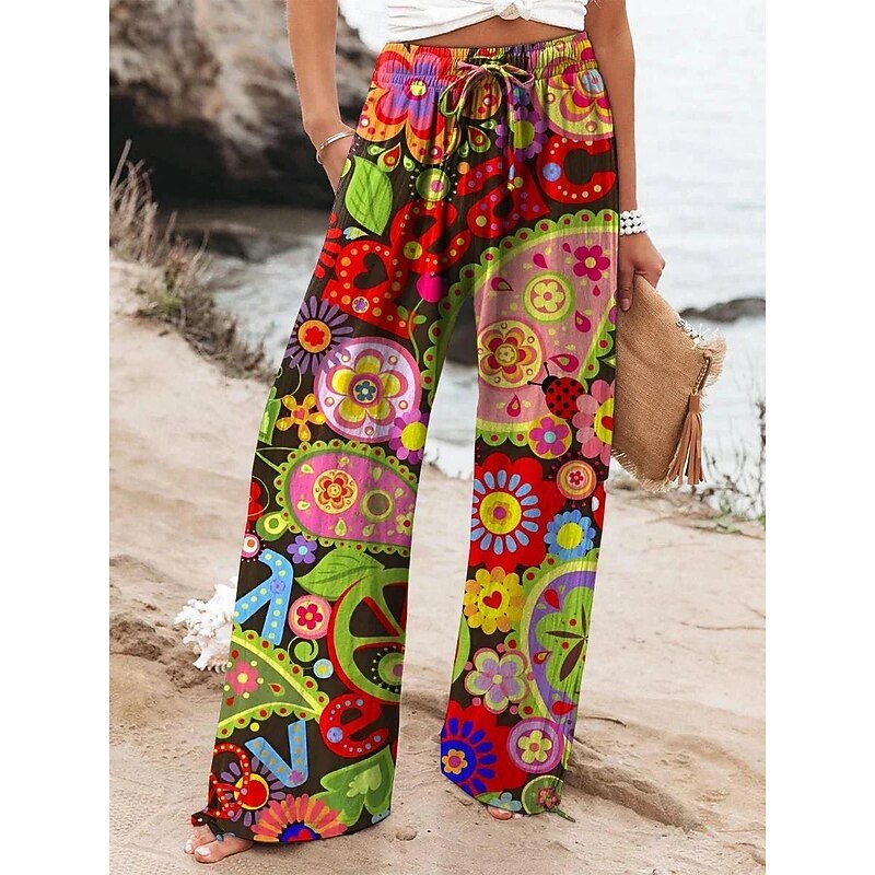 Women's Wide Leg Pants Trousers Pocket High Cut Floral High Waist Long Black Summer4
