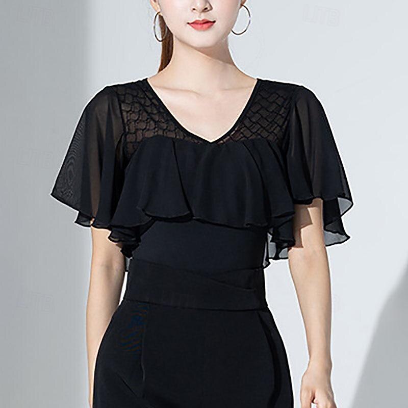 Latin Dance Ballroom Dance Leotard / Onesie Ruffles Pure Color Splicing Women's Performance Training Short Sleeve High Polyester4