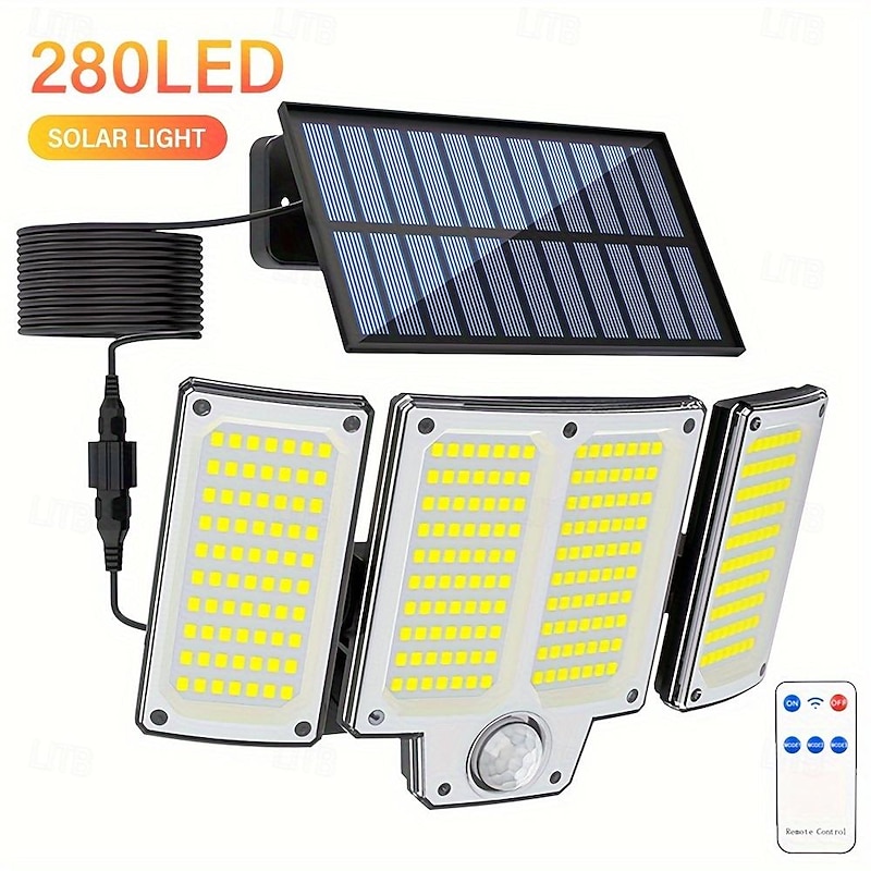 Solar Flood Lights Shustar-280 LED Outdoor Solar Light with Motion Sensor Solar Security Light with Remote Control 3 Modes 3-Head with Extension Cable for Yard Garage Porch