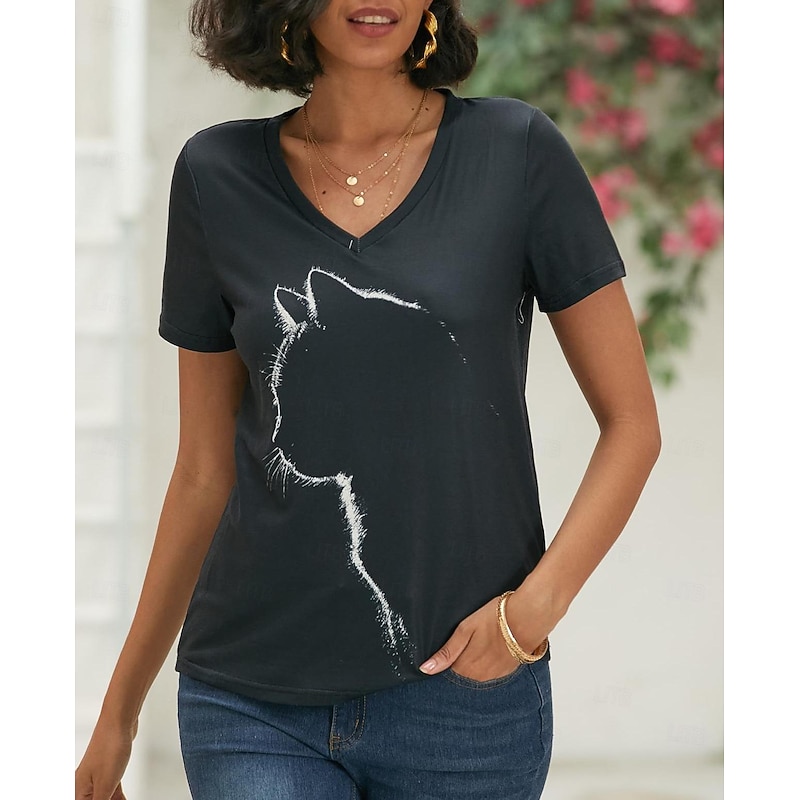 Women's T shirt Tee Black Graphic Cat Print Short Sleeve Daily Weekend Basic V Neck Regular 3D Cat S