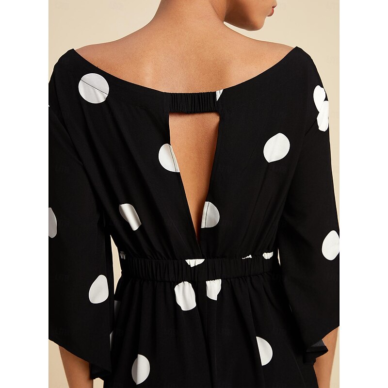 Women's Elegant Dress Midi Dress Black 3/4 Length Sleeve Polka dot print Asymetric Hem Off the Shoulder Spring & Summer Off Shoulder Elegant Romantic S M L4