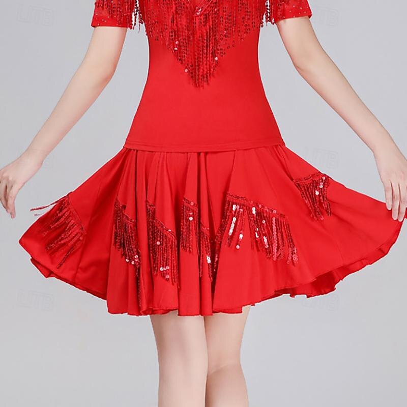 Latin Dance Ballroom Dance Skirts Pure Color Splicing Paillette Women's Performance Training High Polyester2