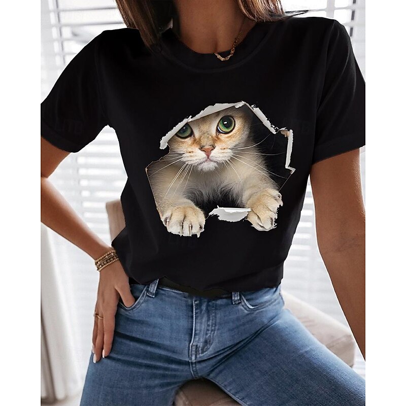 Women's T shirt Tee 100% Cotton Funny Tee Shirt Black White Graphic Cat Print Short Sleeve Casual Daily Basic Round Neck Regular 100% Cotton 3D Cat S2