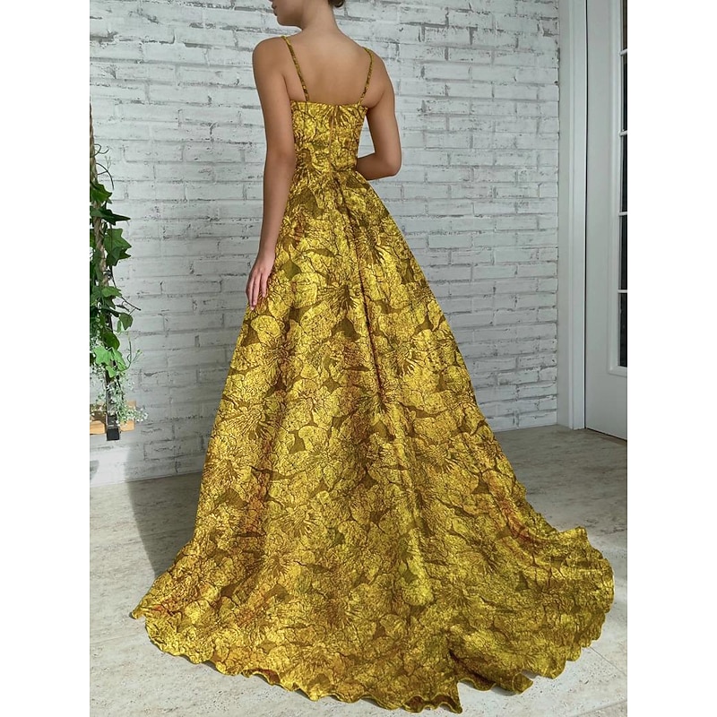 A-Line Gold Dresses  Evening Gown High Split Dress Formal Court Train Sleeveless Spaghetti Strap Sequined with Glitter Pleats Ruched Wedding Guest Dress2