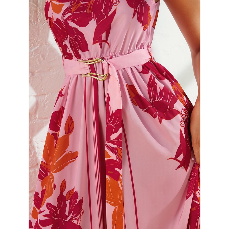 Women's Print Dress Maxi Dress Pink Sleeveless Floral Floral Style Buckle Summer One Shoulder Dresses Vacation S M L3