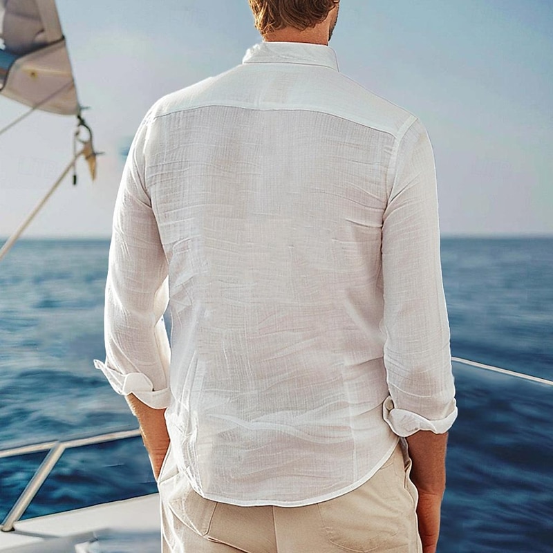 Men's Shirt Graphic Hawaiian Fashion Casual  Linen Shirt Button Up Shirt Long Sleeve Daily Hawaiian Vacation Spring &  Fall Lapel Print White 55%Flax 45%cotton2