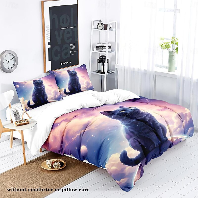 Starry Sky Black Night Cat Duvet Cover 3-piece Set Plush Cloth Lightweight and Soft Short Fluff Set for Summer2