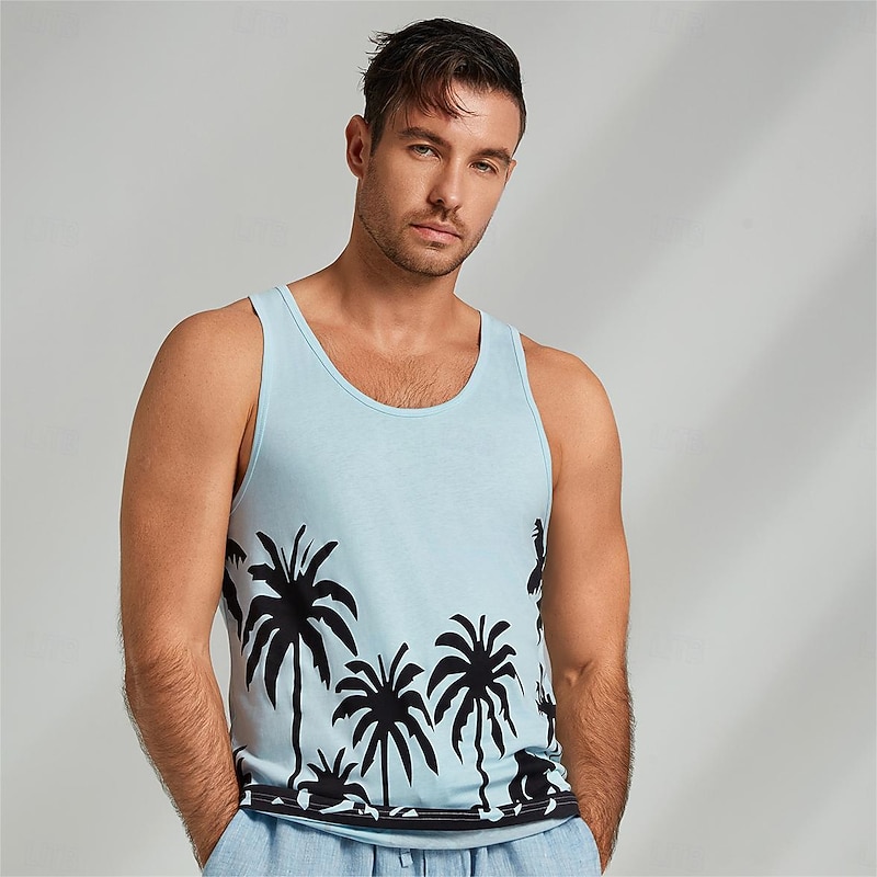 Men's 100% Cotton Graphic Tank Top Casual Vest Top Coconut Tree Fashion Hawaiian Undershirt Street Daily Beach T shirt White Blue Short Sleeve Crew Neck Shirt Spring & Summer Clothing Apparel3