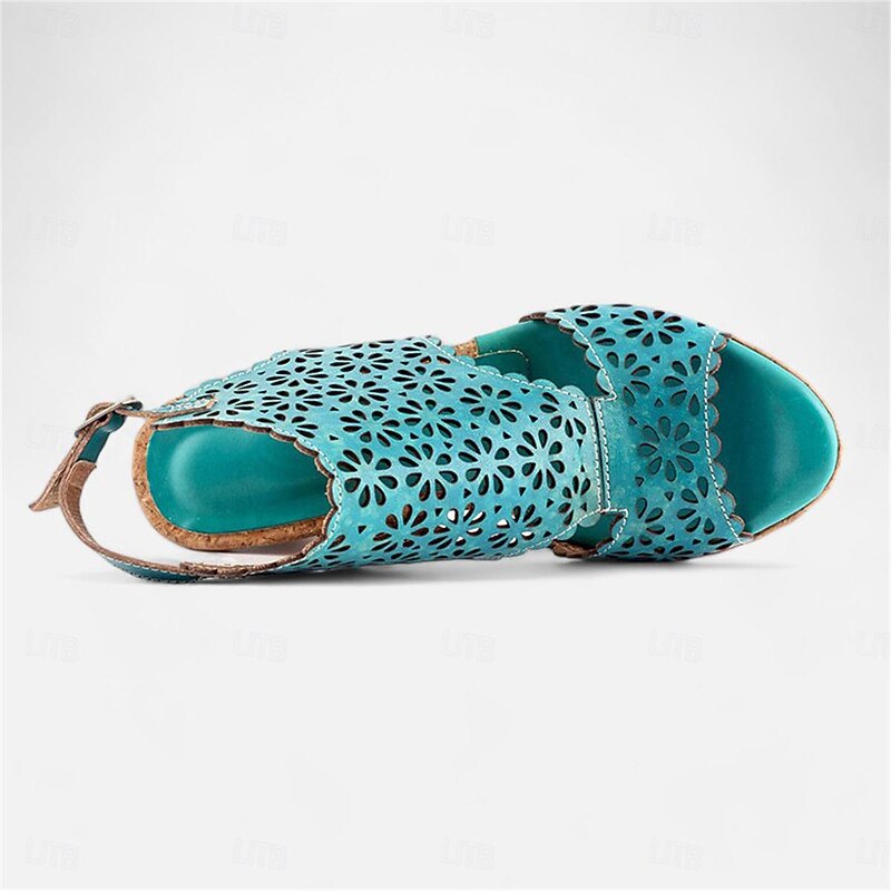 Women's Turquoise Cutout Leather Sandals – Vintage Hollow-Out Chunky Heel Peep-Toe Summer Shoes for Casual & Boho Style4