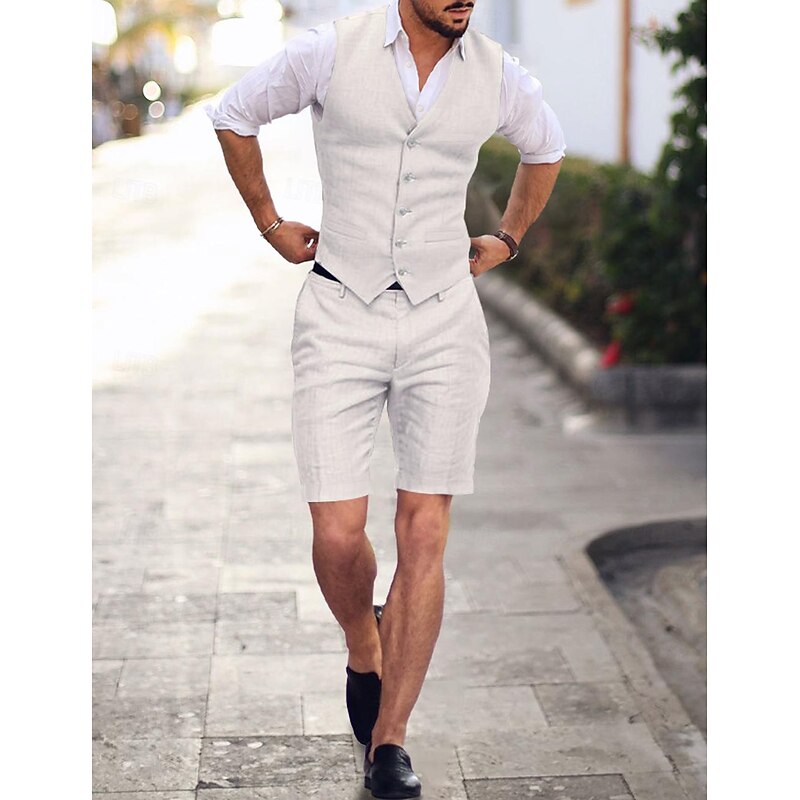 Men's Wedding Linen Suits V Neck Sky Blue Brown Solid Colored Tailored Fit 2 Piece3